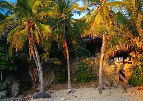 A beach with palm trees and a stone building with a thatched roof.
