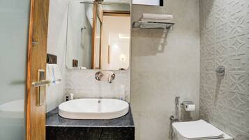 Shower, slippers, soap, shampoo