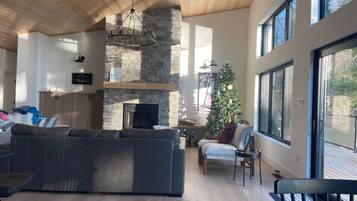 Smart TV, chimenea, libros, monitor de computadora