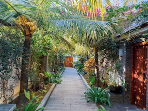 A wooden pathway leading to a building with a wooden door, surrounded by lush greenery and tropical plants.