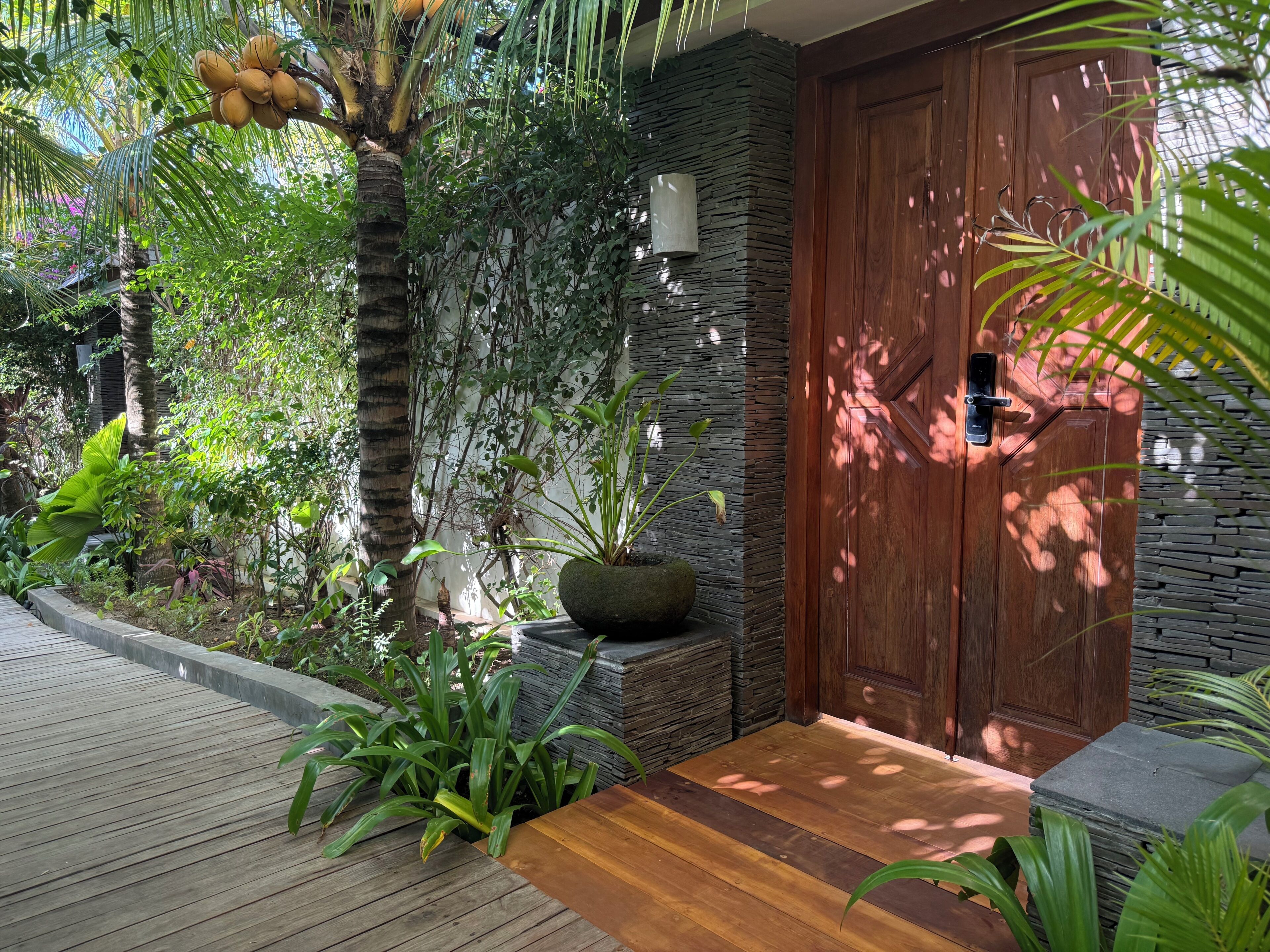 A wooden door with a stone wall, a potted plant, and a wooden deck.