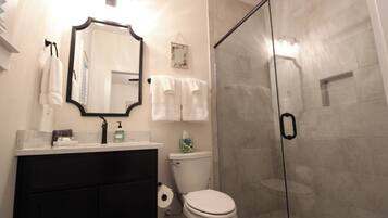 Hair dryer, towels, soap, shampoo