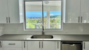 A kitchen with white cabinets, a stainless steel sink, and a window with a view of greenery and a distant landscape.
