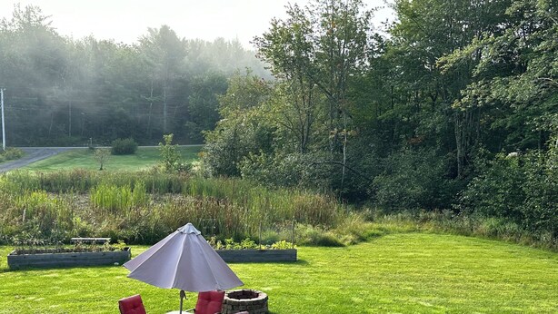 Une terrasse avec une table et des chaises, entourée d’une pelouse verdoyante et d’une zone boisée.