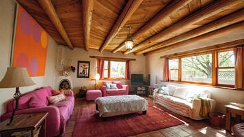 Smart TV, fireplace, DVD player, books