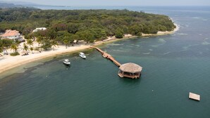 An aerial view of a beach with a thatched-roof hut, a wooden dock, and several boats.