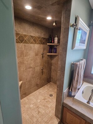 Shower, jetted tub, eco-friendly toiletries, hair dryer - Irish Lakefront, Hot Tub! Pets, dock, fishing, kayaks, ice fishing, hunting! (Leesburg)