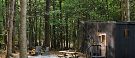Une cabane avec une terrasse en bois, un foyer et une table de pique-nique, située dans un cadre forestier.