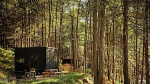 Une cabane avec une table de pique-nique et des chaises, située dans une forêt.