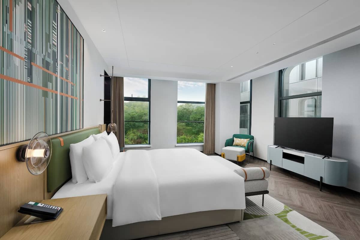 Camera d'hotel moderna con un letto grande, una TV e vista sul verde dalle finestre.