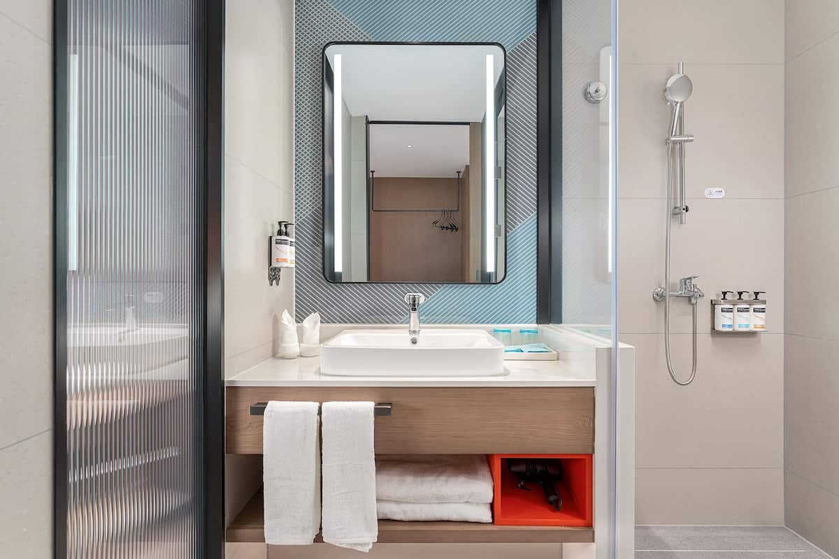 A modern bathroom with a glass shower enclosure, a white sink, and a mirror above it.