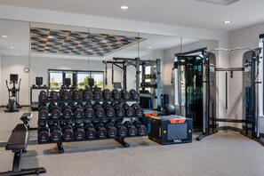 Uma academia com diversos equipamentos de exercício, incluindo halteres, uma estrutura para agachamentos e um banco.