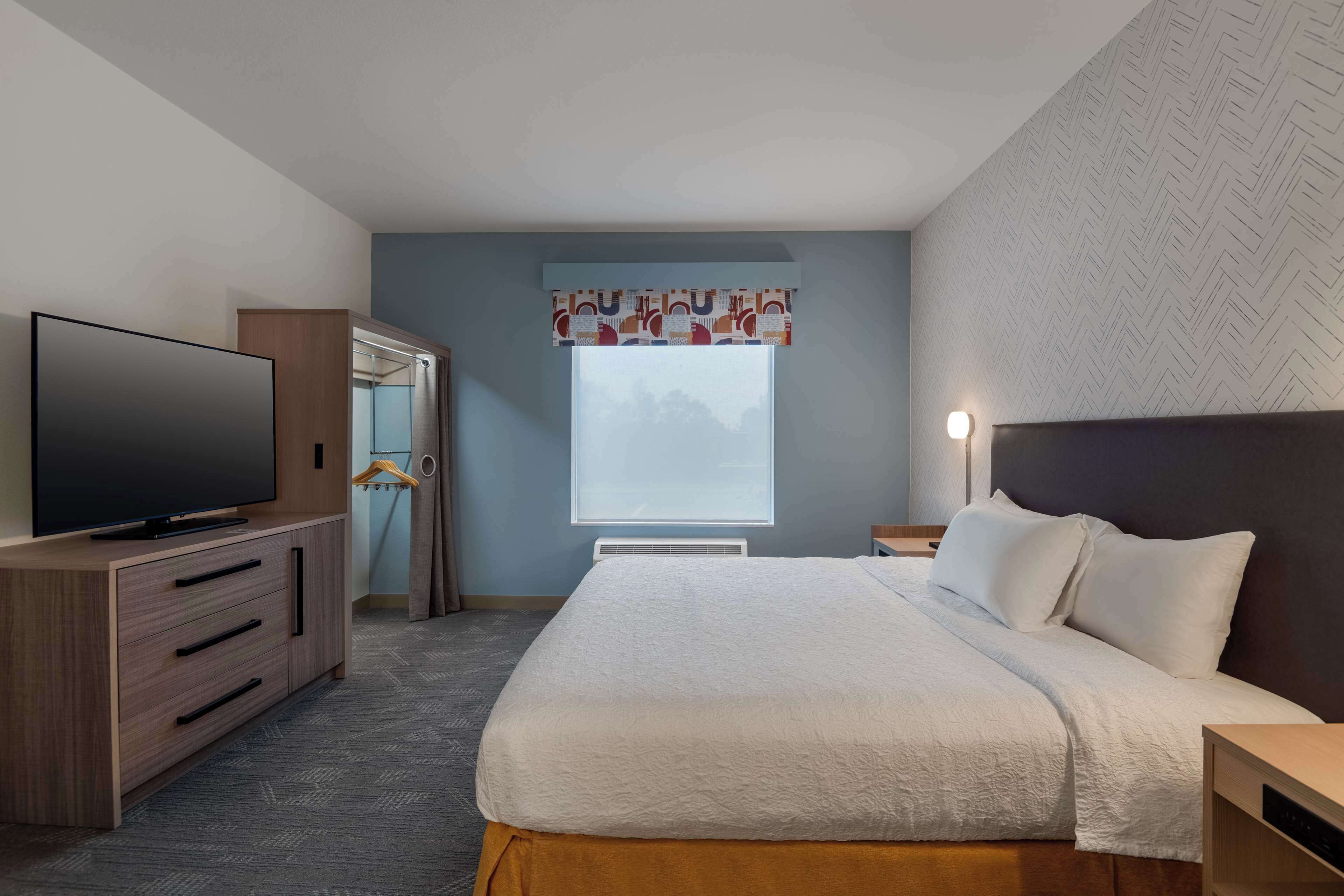 Habitación de hotel con una cama grande, un televisor de pantalla plana sobre una cómoda de madera, una ventana con vista a árboles y una pared con diseño.