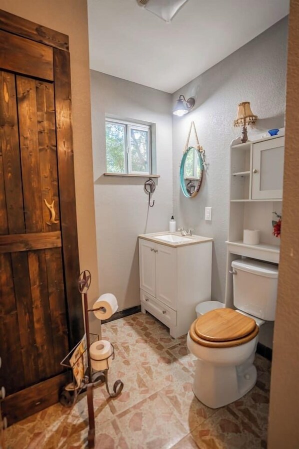 Une salle de bain avec une porte en bois, une fenêtre, un lavabo, des toilettes et un miroir.