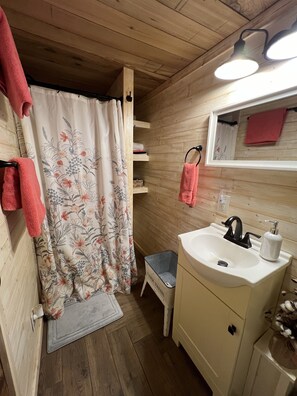 Douche, séchoir à cheveux, serviettes fournies