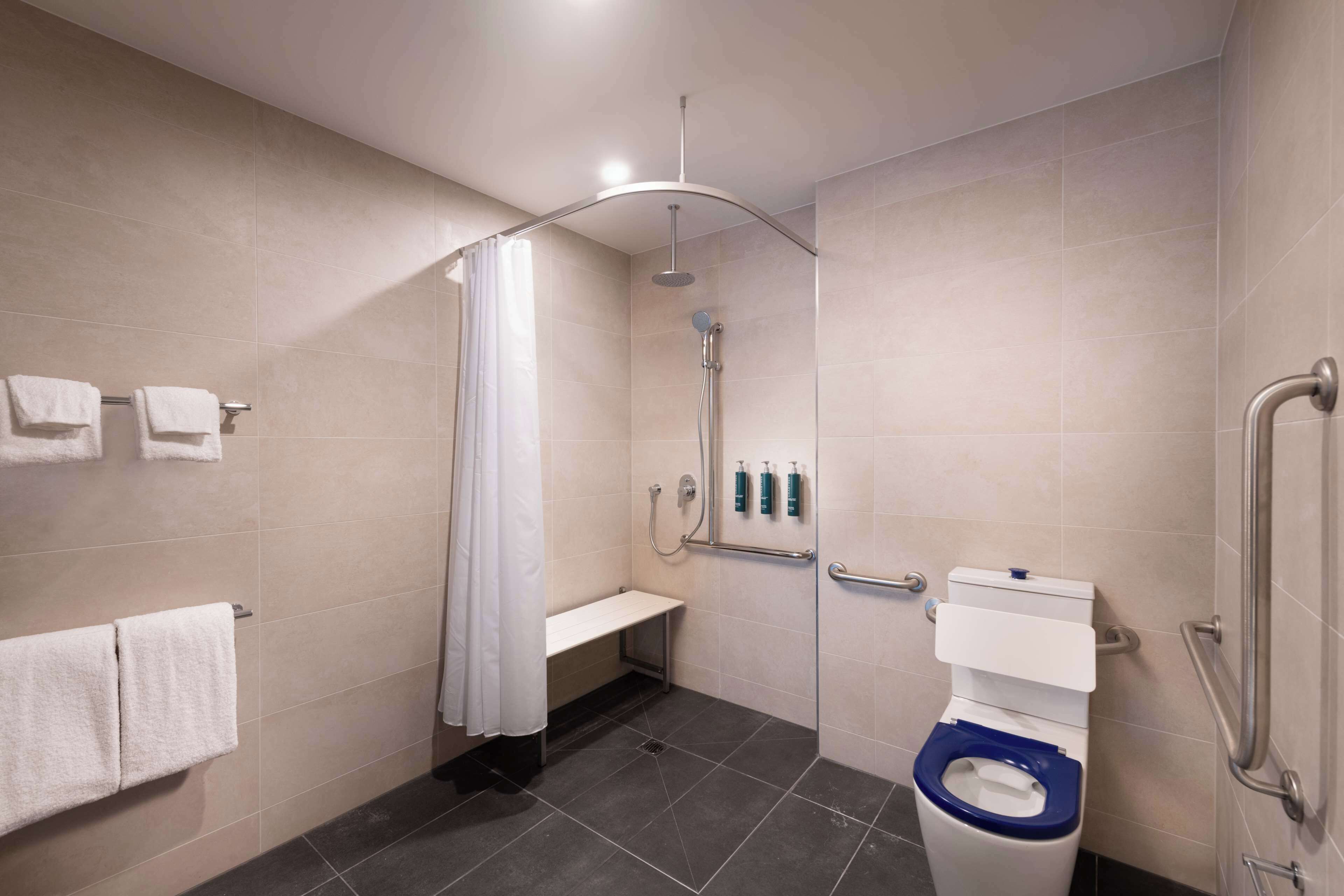 A modern bathroom with a shower, toilet, and handrails.
