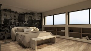 Een moderne slaapkamer met een groot bed, een bankje en inbouwkasten.