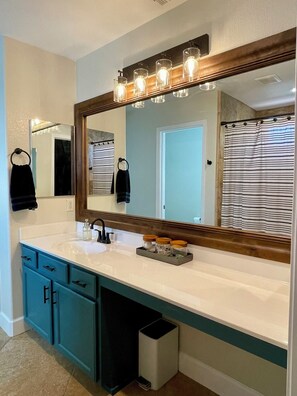 Hair dryer, towels, soap, toilet paper