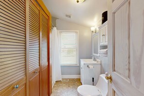 Bathroom features a sink, mirror, toilet, and shower with a curtain.