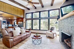 TV, fireplace - Dog-friendly mountain home with game room, hot tub, and stunning views (Ellijay)