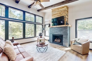 TV, fireplace - Dog-friendly mountain home with game room, hot tub, and stunning views (Ellijay)