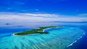 Vue aérienne d’une île tropicale aux eaux turquoise et limpides, avec une côte sinueuse et une végétation luxuriante.