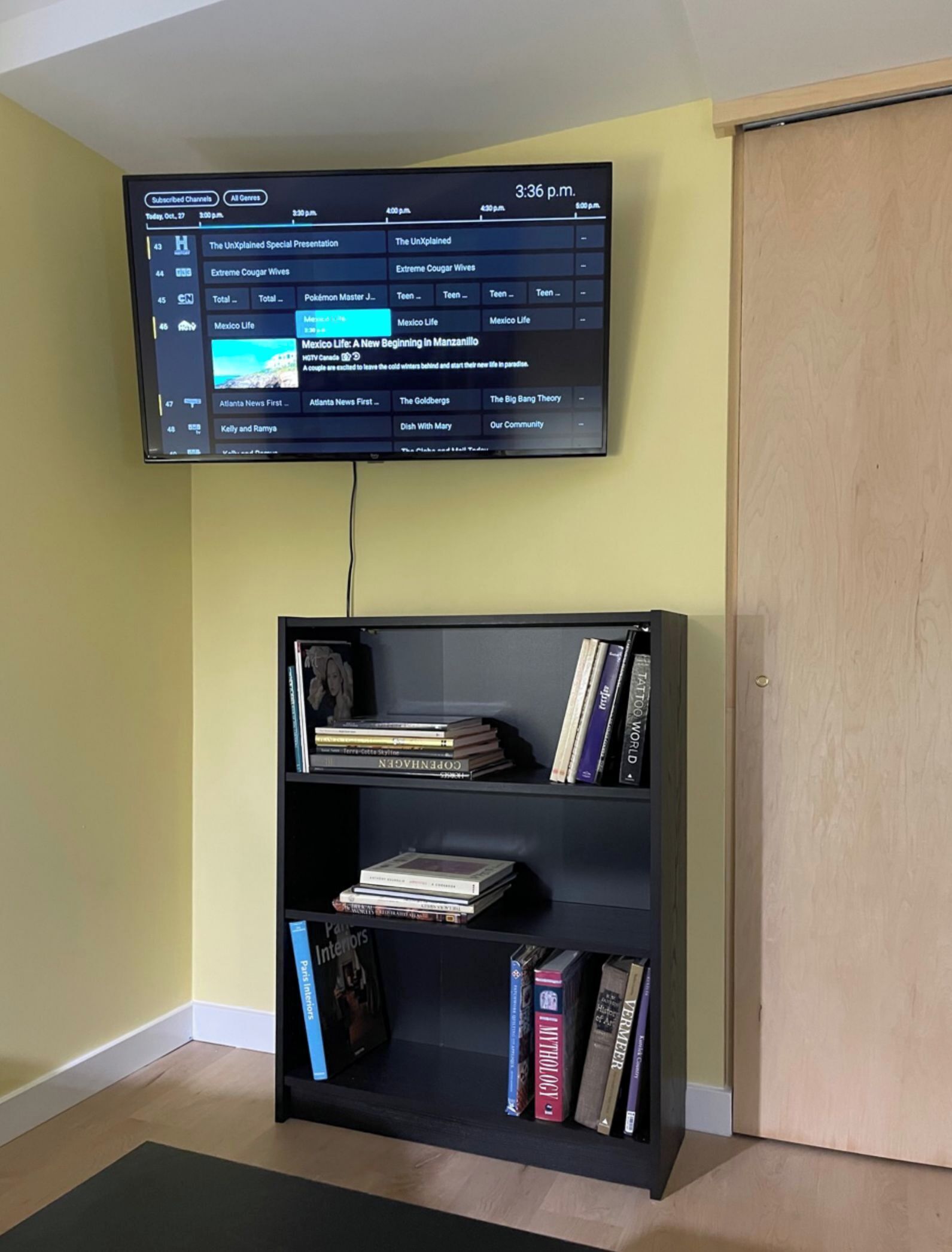 Un televisor de pantalla plana montado en la pared mostrando una guía de programación. Abajo, una estantería con varios libros.