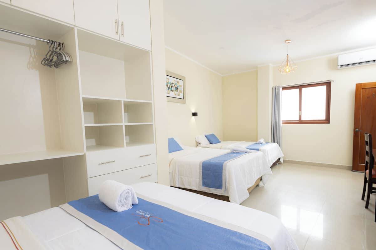 Una habitación de hotel con dos camas, un armario, un baño y una zona de comedor.