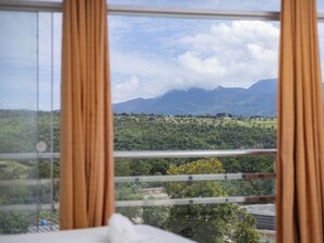 Una habitación con un gran ventanal con vistas a un paisaje montañoso.