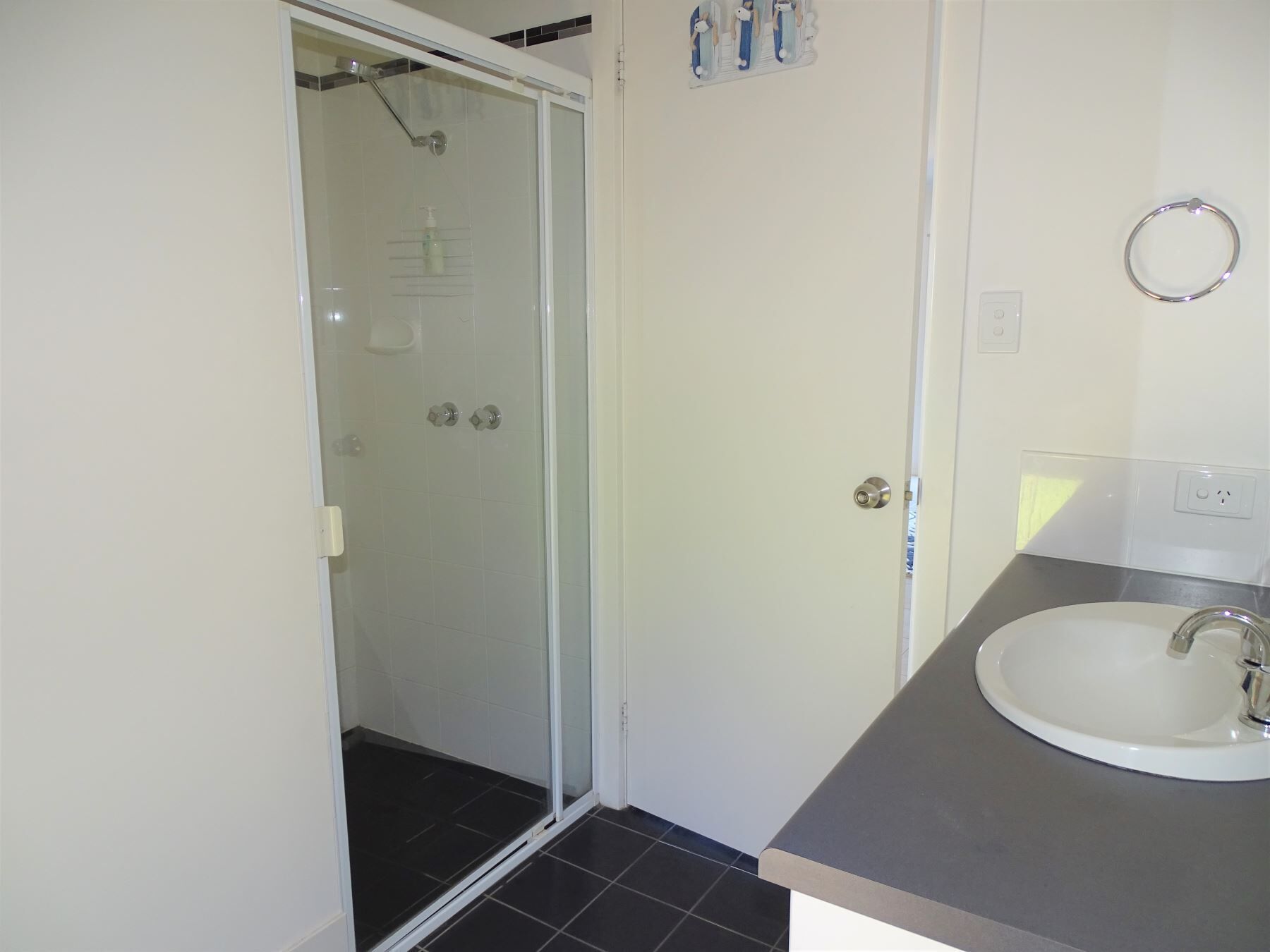 A bathroom with a glass-enclosed shower, a white sink, and a towel rack.