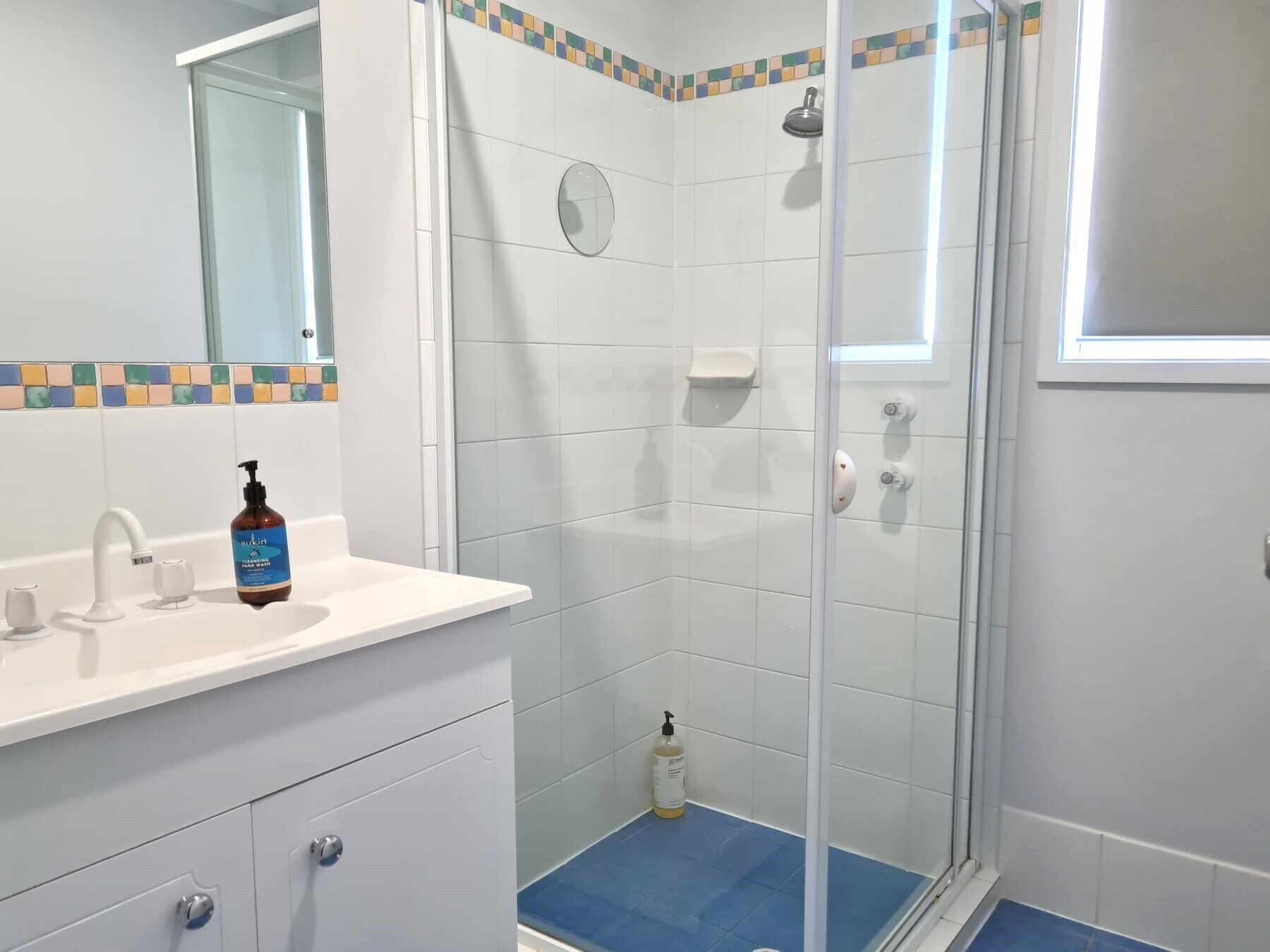 A bathroom with a glass shower enclosure, a white sink with a soap dispenser, and a mirror above the sink.