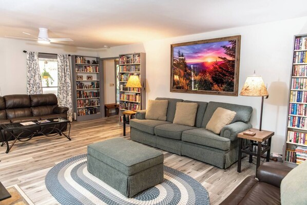 Una Smart TV, una chimenea, libros