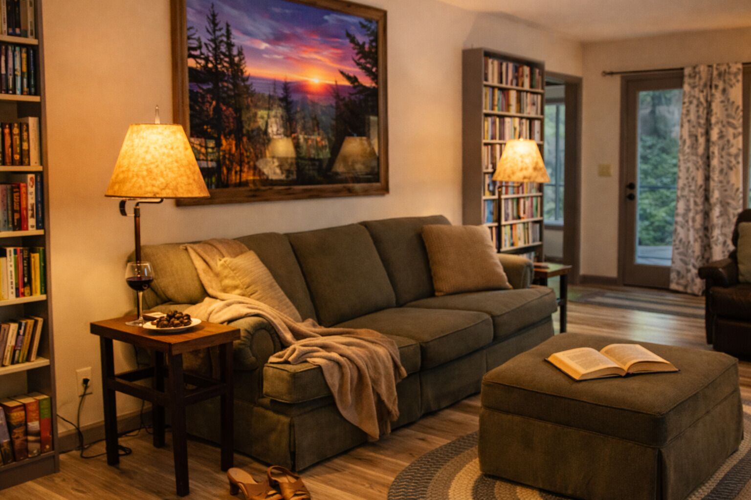 Smart TV, fireplace, books