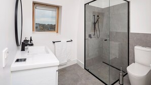 A modern bathroom with a glass-enclosed shower, a white sink, and a toilet.