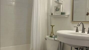 Eco-friendly toiletries, hair dryer, towels, soap