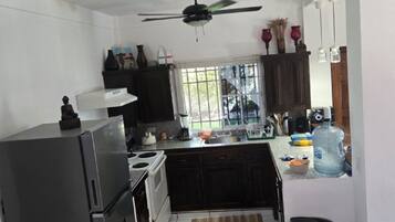 A kitchen with a refrigerator, stove, and sink. There is a ceiling fan, a window with a view, and a water dispenser.