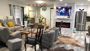 Smart TV, fireplace, video games, books