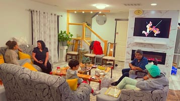 Smart TV, fireplace, video games, books