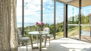 A modern room with a glass table and chairs, a vase with flowers, and a scenic view through large windows.