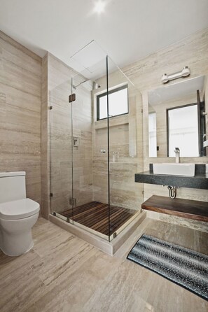 Regadera, secadora de cabello, toallas, jabón