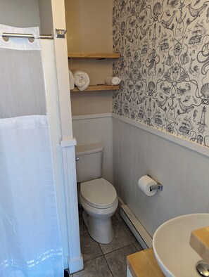 A bathroom with a toilet, a roll of toilet paper, a shelf with towels, and a patterned wallpaper. - Charming renovated 1-bedroom in downtown Biddeford (Biddeford)
