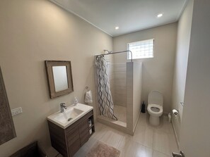Regadera, toallas, jabón, shampoo 