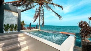 A modern outdoor pool area with a view of the sea, surrounded by palm trees and plants.