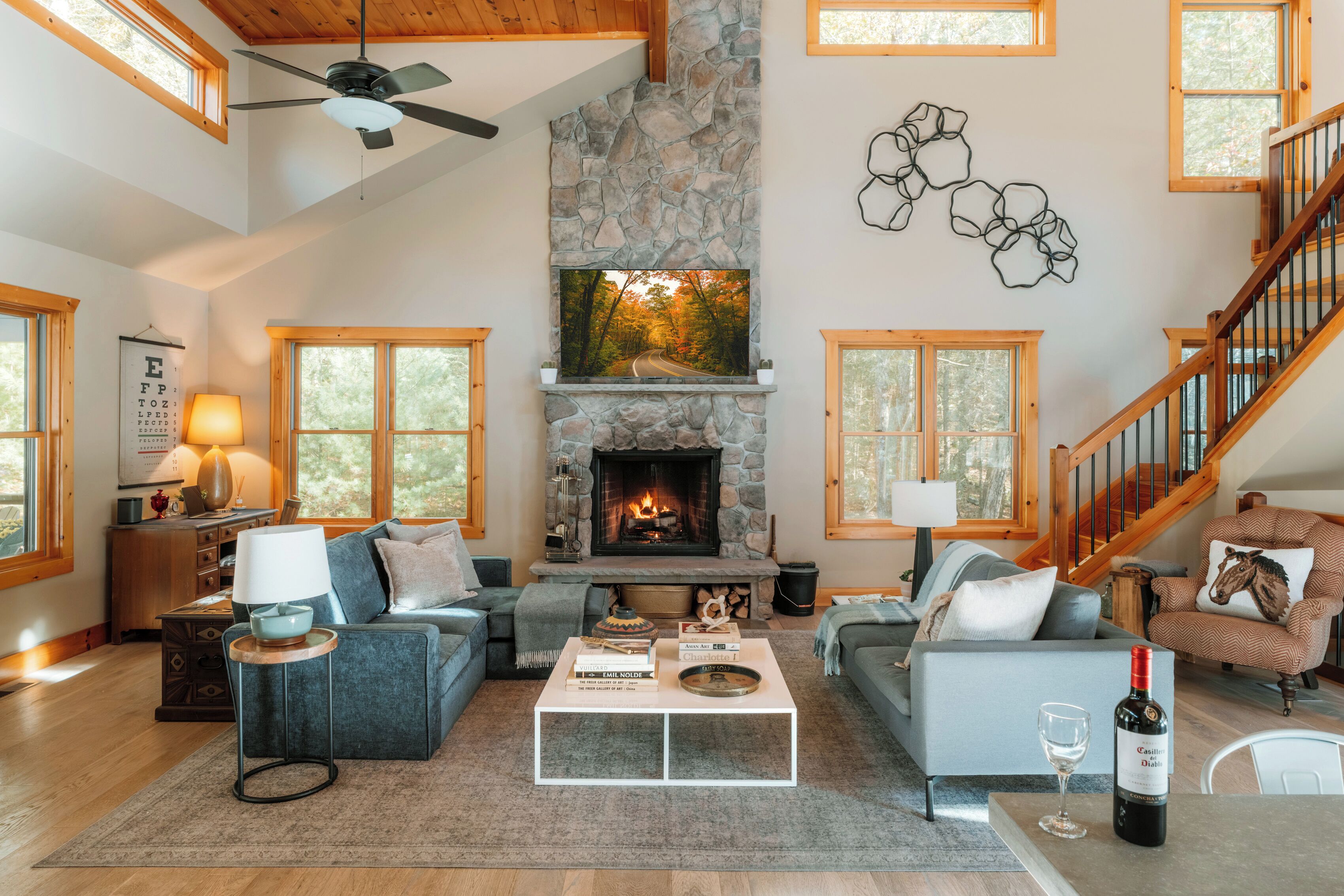 Smart-TV, Kamin, Bücher, Stereoanlage