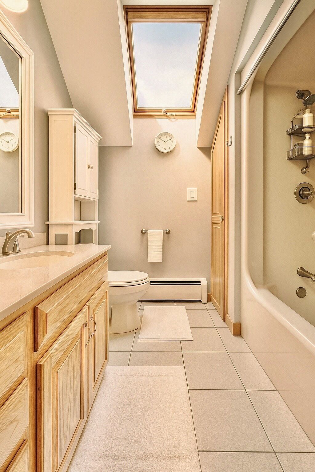 A modern bathroom with a skylight, a bathtub, a toilet, and a vanity with a mirror.
