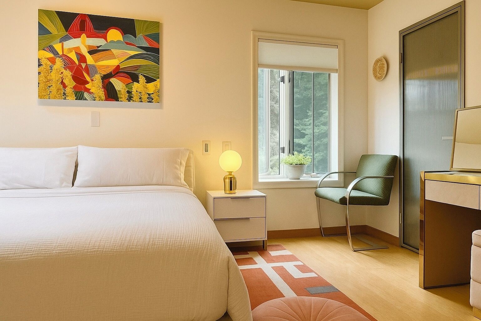 A hotel room with a bed, bedside table, lamp, chair, window, and a painting on the wall.