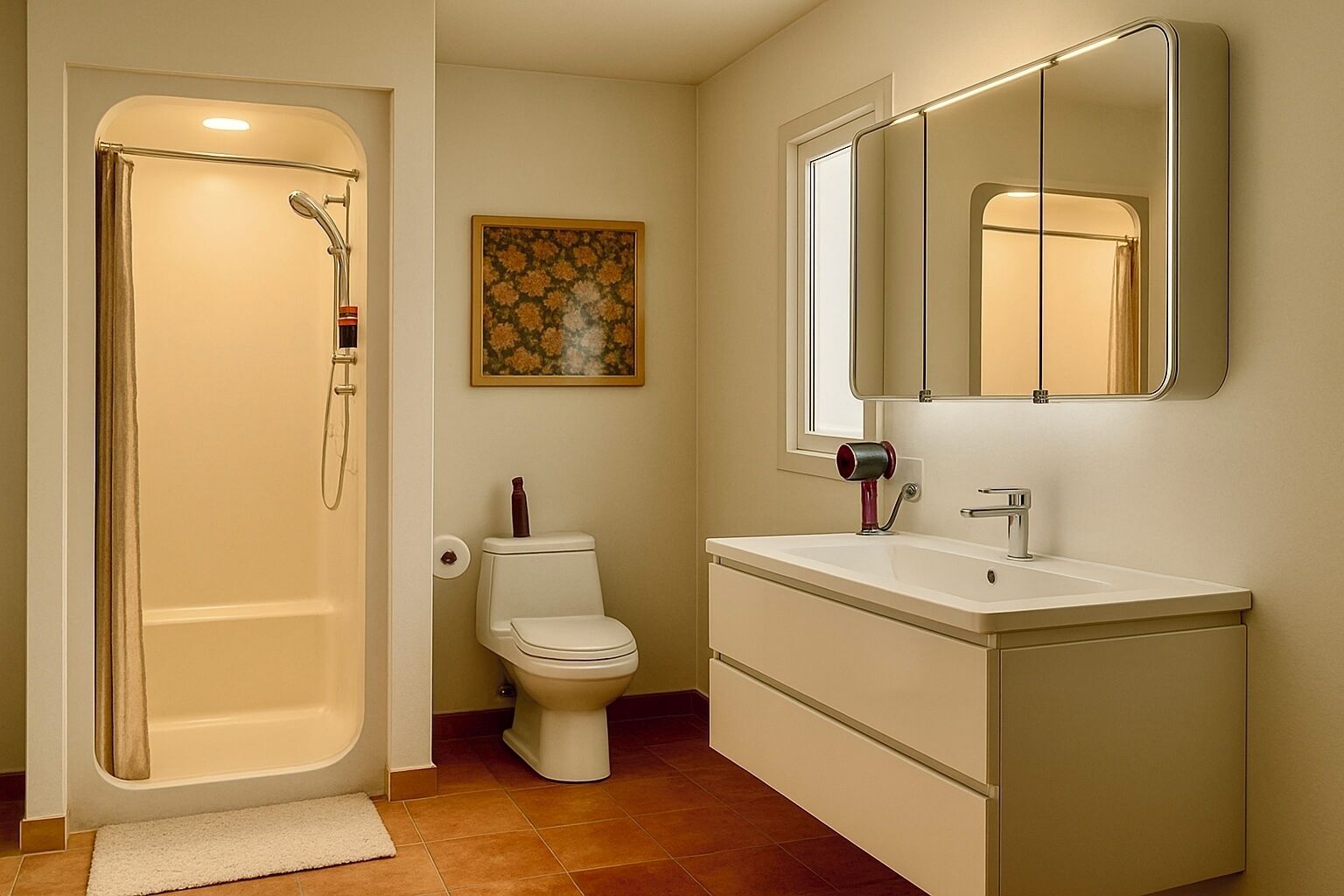A bathroom with a bathtub, toilet, sink, and a mirror.