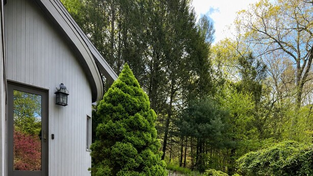 A house with a stone staircase leading to a door, surrounded by lush greenery and a well-maintained garden. - Sunny Peace Homestay (Harwinton)