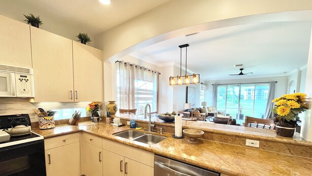 A modern kitchen with a dishwasher, double sink, and a microwave.