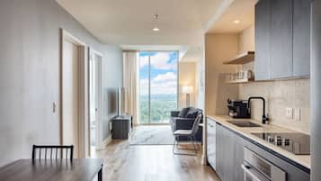 Apartment, City View | Dapur peribadi | Peti sejuk/penyejuk beku saiz penuh, ketuhar gelombang mikro, ketuhar
